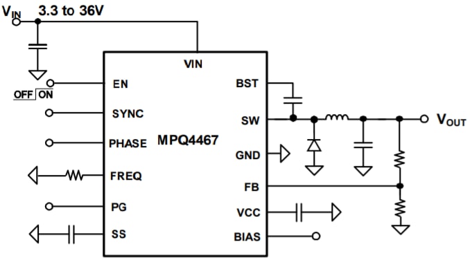 Application Circuit Diagram - Monolithic Power Systems (MPS) MPQ4467-AEC1 36V 2.5A Step-Down Converter